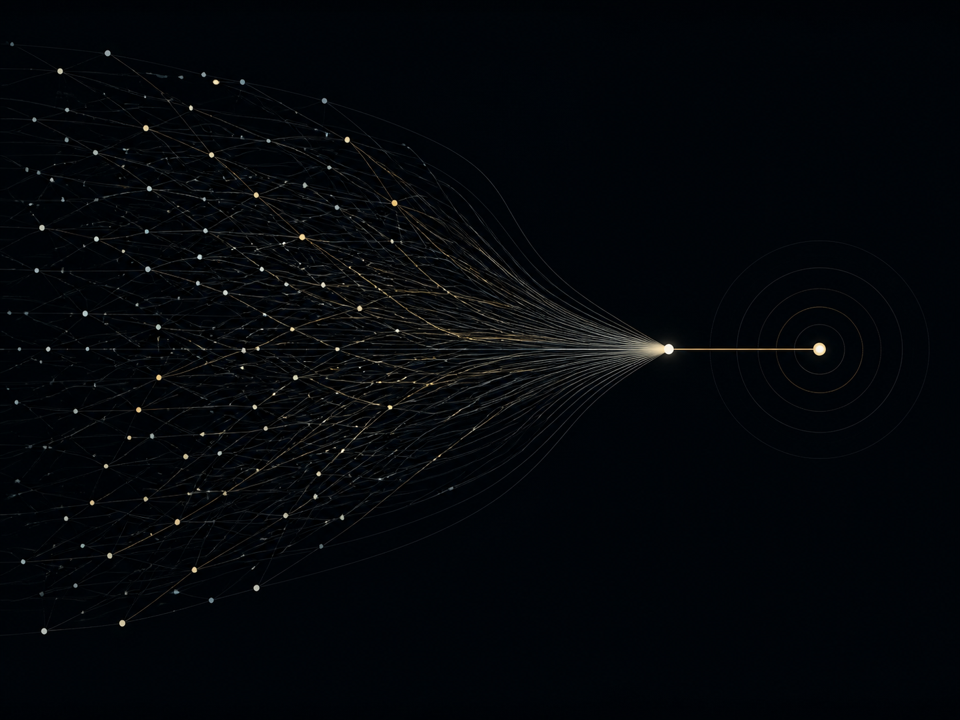 Abstract network of light-trails converging from a complex web into a single focused point