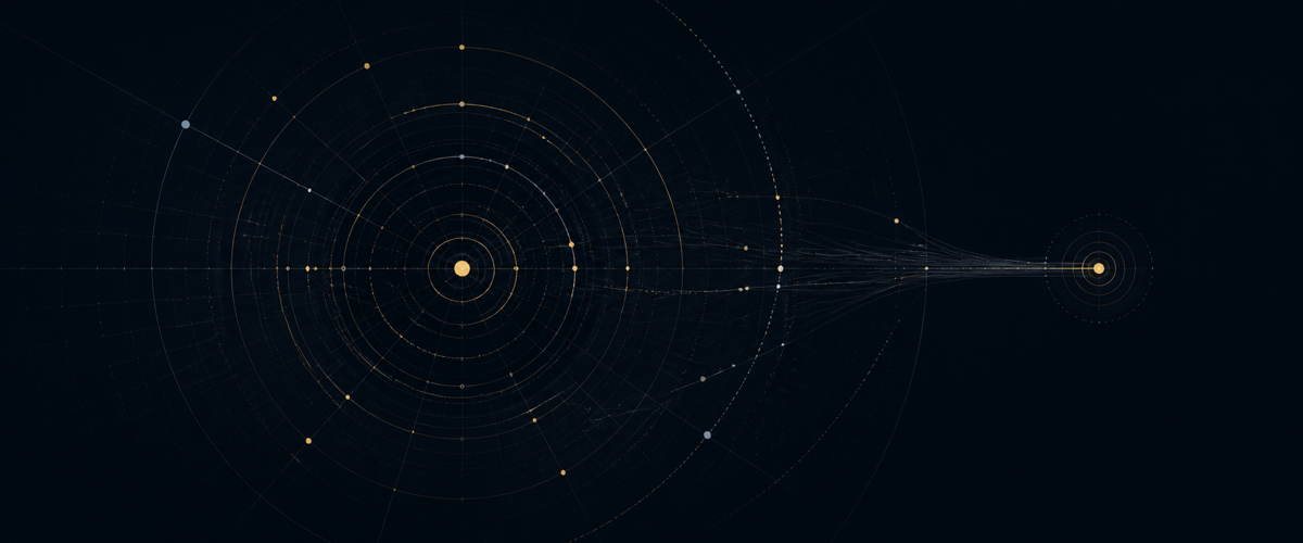 Hestia — concentric orbital paths and data nodes in gold on a dark field