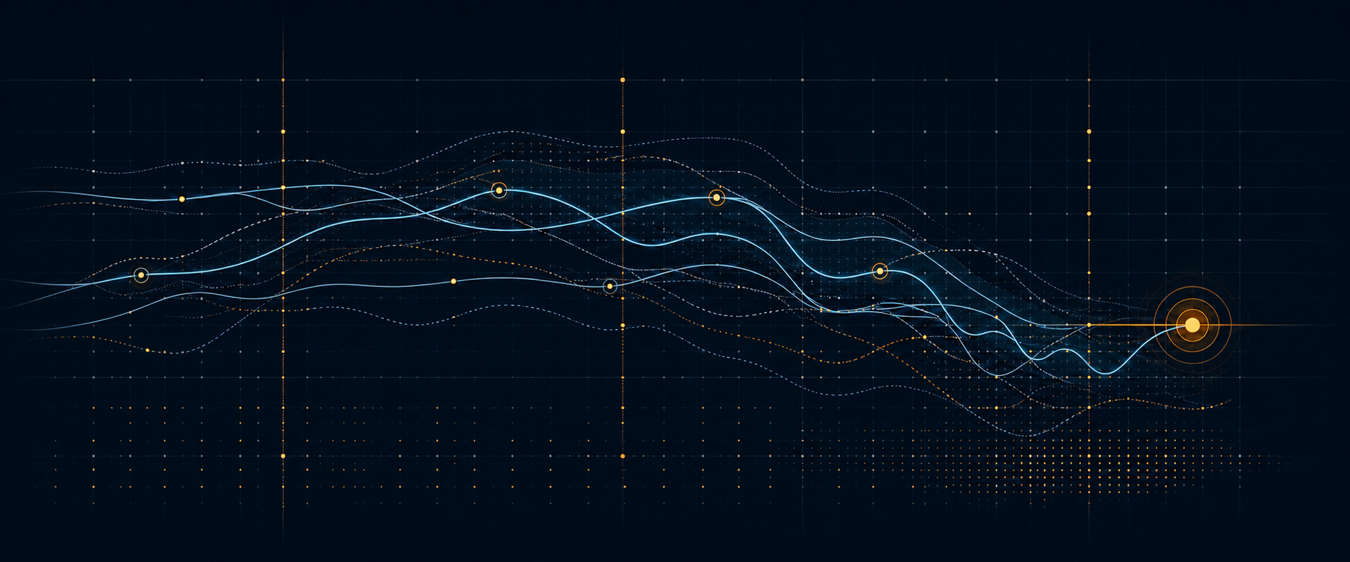 Portwise — oscillating signal lines across a grid with amber pulses
